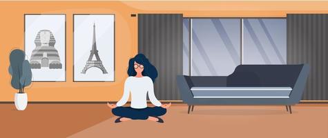 la niña está meditando en la habitación. mujer practica yoga en la oficina. concepto de deporte y estilo de vida saludable. vector. vector