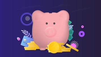 Banner on the theme of finance. Pink piggy bank in the form of a pig with gold coins. Piggy bank for money with a mountain of coins. Vector. vector