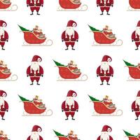 Seamless pattern with red sledges and santa claus. Festive pattern. Suitable for postcards, backgrounds, books and posters. Vector