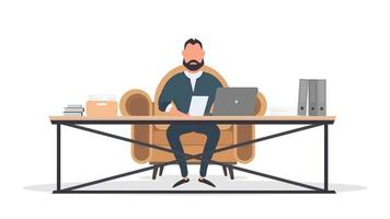 Businessman works at a laptop. Director's workplace. Laptop, documents, books, loft-style table. Isolated. Vector. vector