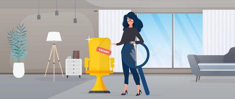 Girl shows on a vacant place. Gold cup in the shape of an office chair. The concept of open work. Suitable for registration on the topic of job search and workers. Vector. vector