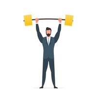 Businessman raises the barbell with gold coins. A man in a suit with a barbell. The concept of a successful business and revenue growth. Isolated. Vector. vector