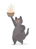 gato gracioso sostiene una magdalena festiva. dulces con crema, muffin, postre festivo, confitería. bueno para tarjetas, camisetas y pegatinas. estilo plano. vector.