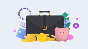 Business suitcase, brown wallet with credit cards and gold coins. Men's suitcase with bank cards. The concept of savings and accumulation of money. vector