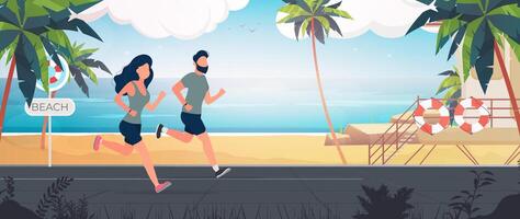 Two people running on the beach near palm trees vector