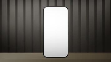 A phone with a white screen is on the table. Striped brown realistic poster Background with metal or glossy wood. Realistic . vector