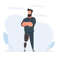hombre discapacitado con una prótesis de pierna. prótesis, persona discapacitada. el concepto de una vida plena sin las extremidades perdidas del cuerpo. vector.