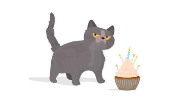 gato gracioso sostiene una magdalena festiva. dulces con crema, muffin, postre festivo, confitería. bueno para tarjetas, camisetas y pegatinas. estilo plano. vector. vector