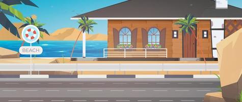 A hotel on a blue, clean and calm sea. Villa on a sandy beach with palm trees. Vector illustration.