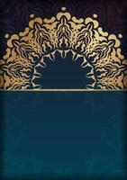 Gradient blue gradient greeting card template with Indian gold pattern prepared for typography. vector