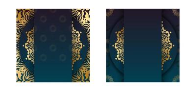 tarjeta de felicitación de plantilla con color azul degradado con patrón dorado abstracto preparada para imprimir. vector