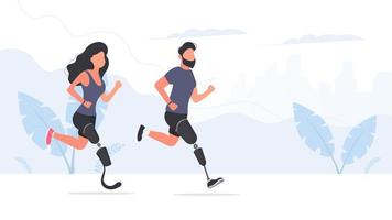 A guy and a girl with prosthetic legs are running through the park. The concept of a fulfilling life without the lost limbs of the body. Vector. vector