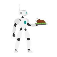 The robot is holding a metal tray with fried meat. Robot waiter. The concept of future cafe workers. Isolated. Vector. vector