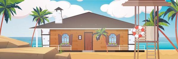 Villa on a sandy beach with palm trees. Summer vacation concept. Vector illustration. Cartoon style.