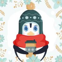 A little cute penguin in a winter hat and a scarf holds a hot drink in his hands. Knitted hat, red scarf, hot, coffee or latte. Ready postcard. Vector