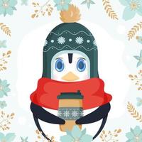 un pequeño pingüino lindo con un gorro de invierno y una bufanda sostiene una bebida caliente en sus manos. gorro de punto, bufanda roja, caliente, café o latte. postal lista. vector