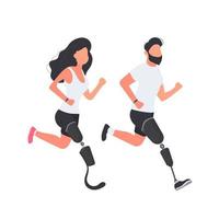 Set of people with prosthetic legs. A running guy and a girl with prostheses. Isolated vector. vector