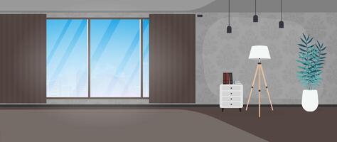 Empty room with a large panoramic window. A room with monograms on the walls. Vector illustration.