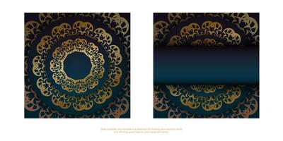 Gradient blue gradient flyer template with abstract gold ornament typography-ready. vector