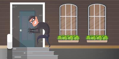 el ladrón está tratando de romper la puerta. el ladrón se está infiltrando en la casa. concepto de seguridad. ilustración vectorial. vector