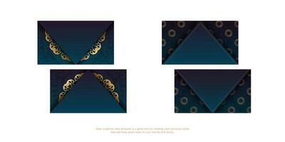 Blue gradient business card with abstract gold ornament for your business. vector