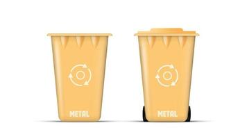 Realistic yellow trash can. Waste bin with lid and wheels. ECO concept. Vector. vector