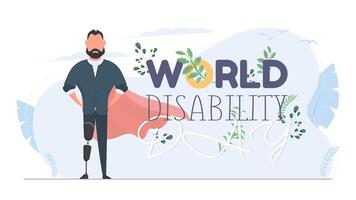 World Disability Day. A man with a prosthetic leg in a business suit and a red cloak. Guy with a leg implant. The concept of human recovery through robotization. Vector. vector