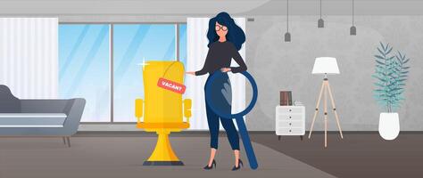 Girl shows on a vacant place. Gold cup in the shape of an office chair. The concept of open work. Suitable for registration on the topic of job search and workers. Vector. vector