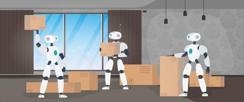 banner de mudanza a casa. mudarse a un nuevo lugar. un robot blanco sostiene una caja. cajas de cartón. el concepto de futuro, entrega y carga de mercancías mediante robots. vector. vector