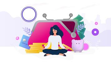 Girl meditates on the background of a wallet with coins, credit cards and a piggy bank. The concept of savings and accumulation of money. Good for presentations and articles on a business topic. vector