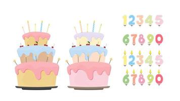 Set for design on a birthday theme. Holiday cake. Set of festive candles in the form of numbers. Isolated over white background. Vector. vector