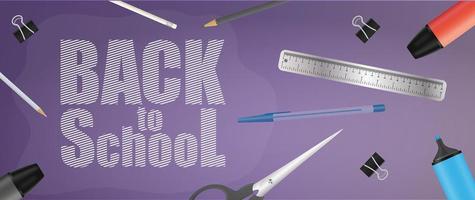 Back to school purple banner. Beautiful inscriptions, globe, pencils, pens, yellow backpack, old yellow alarm clock. Vector illustration