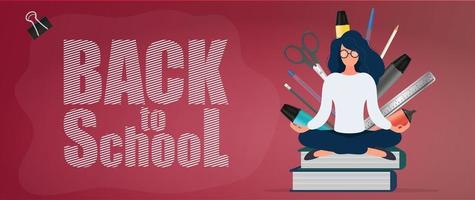 Back to school banner. A girl with glasses sits on a stack of books. Stationery, leather sheaths, pens, pencils, markers, ruler. Concept for the start of the school season. Vector. vector