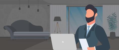 A guy with glasses sits at a table in his office. A man works on a laptop. Office, bookshelf, business man, floor lamp. Office work concept. Vector. vector