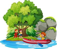Isolated cartoon island with children on inflatable boat vector