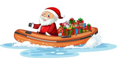 Christmas Santa Claus on inflatable boat with his gifts vector