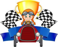 Girl driver with trophy and race flag vector