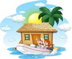 Bungalow on the island with children on speedboat vector