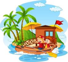 Bungalow on the island with children on inflatable boat vector