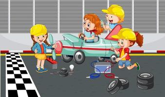 Soapbox derby scene with children racing car vector