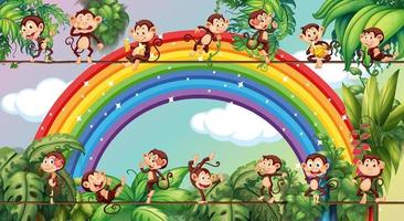 Different monkey cartoon characters on the rope on rainbow background vector