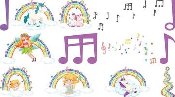 Set of fantasy fairies and cupids with rainbow elements vector