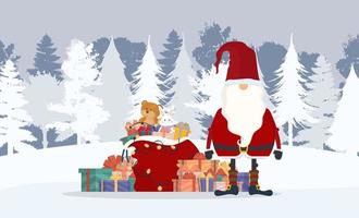 Santa Claus in the winter forest. A mountain of gifts, a red bag, an old man with a white beard in a red suit. Christmas card. Vector illustration