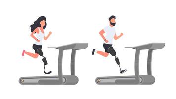 Set of people with prosthetic legs. A guy and a girl with prostheses are running on a treadmill. Isolated. . vector