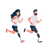 Set of people with prosthetic legs. A guy and a girl with prostheses are running. Isolated. . vector