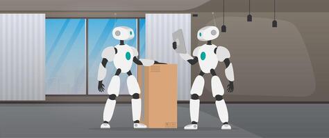 Robots work in a manufacturing warehouse. Robots carry boxes and lift the load. Futuristic concept of delivery, transportation and loading of goods. . vector