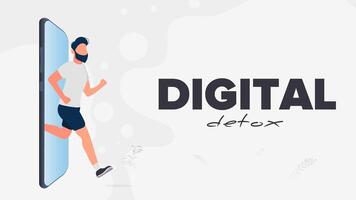 Digital detox banner. The guy runs out of the smartphone. The concept of banning devices, device free zone, digital detox. . vector