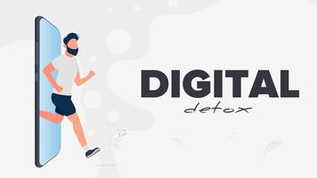 Digital detox banner. The guy runs out of the smartphone. The concept of banning devices, device free zone, digital detox. Vector. vector