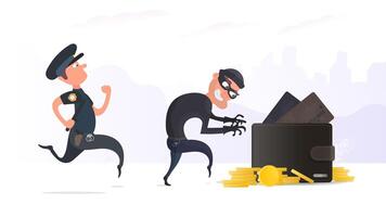 A cartoon thief and a policeman are running away from a black bag vector