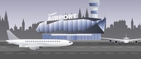 Illustration of an air terminal building with a large plane and an airplane taking off against the background of a modern city. Flat cartoon style. vector